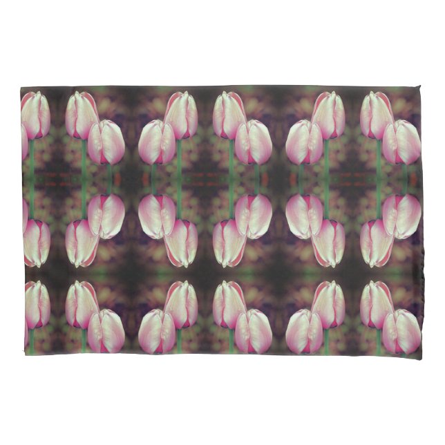 Pink Tulip Flowers With Raindrops Pattern Pillowcase (Front)