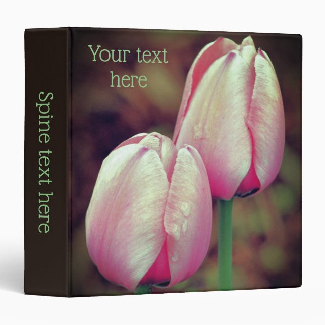 Pink Tulip Flowers With Raindrops Personalized Binder (Front/Spine)