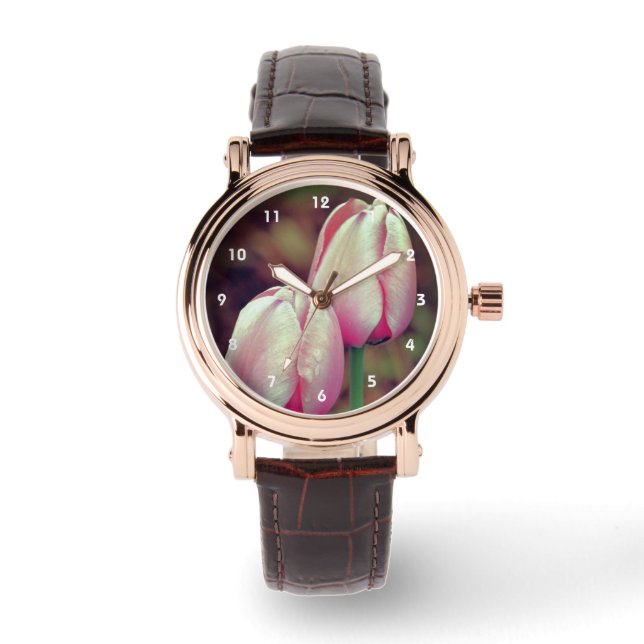 Pink Tulip Flowers With Raindrops    Watch (Front)
