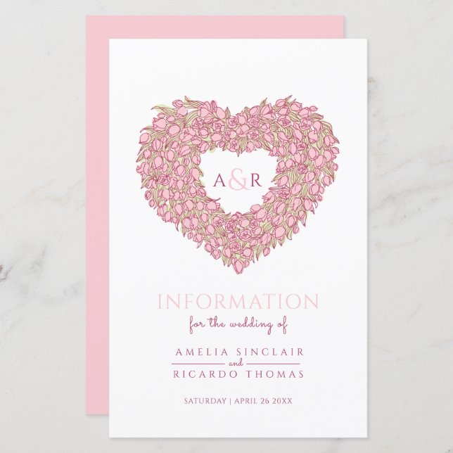 Pink tulip heart wedding guest information (Front/Back)