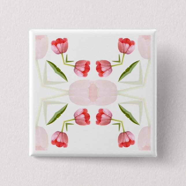 Pink Tulip Kaleidoscope Pattern 2 Inch Square Button (Front)