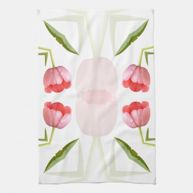 Pink Tulip Kaleidoscope Pattern Kitchen Towel (Vertical)