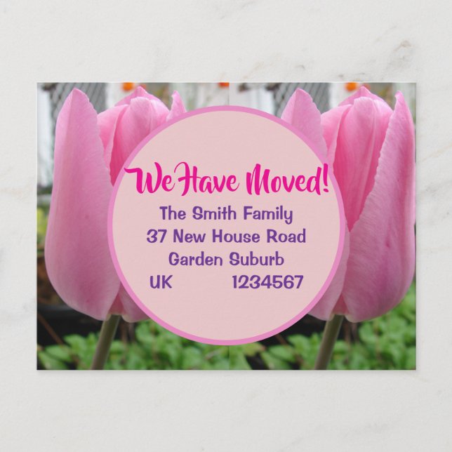 Pink Tulip New Address Postcard, We Are Moving Postcard (Front)