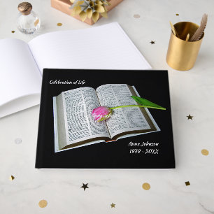 Pink Tulip On Bible Memorial Service Guest Book