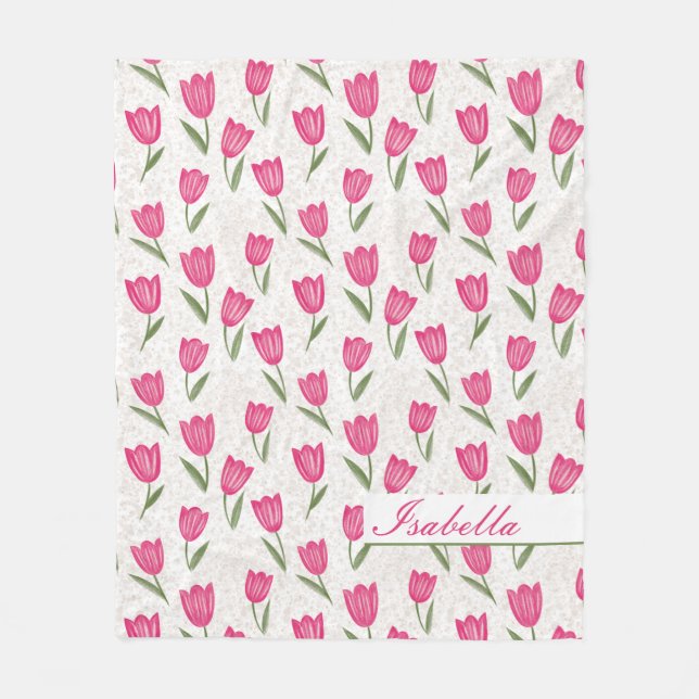 Pink tulip pattern personalized fleece blanket (Front)