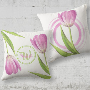 Pink Tulip Spring Elegant Flower Floral art Name Throw Pillow