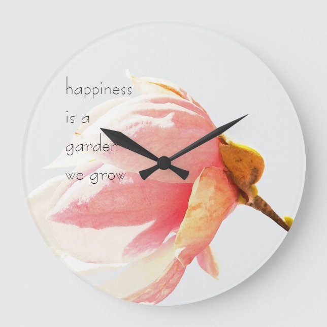 Pink Tulip Tree Flower with Happiness Quote Large Clock (Front)