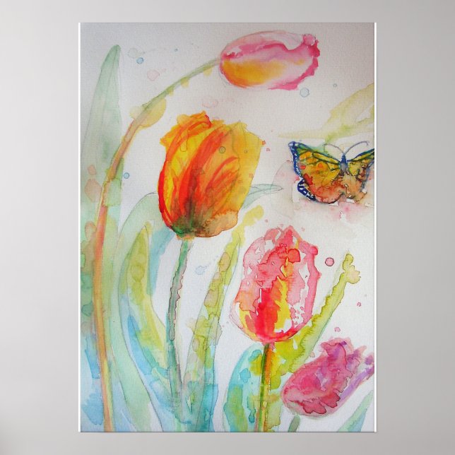 Pink Tulip Tulips Floral Flowers Watercolor Poster (Front)