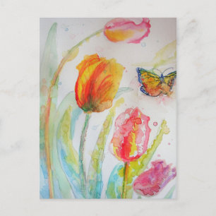 Pink Tulip Tulips Floral Watercolor PostCard