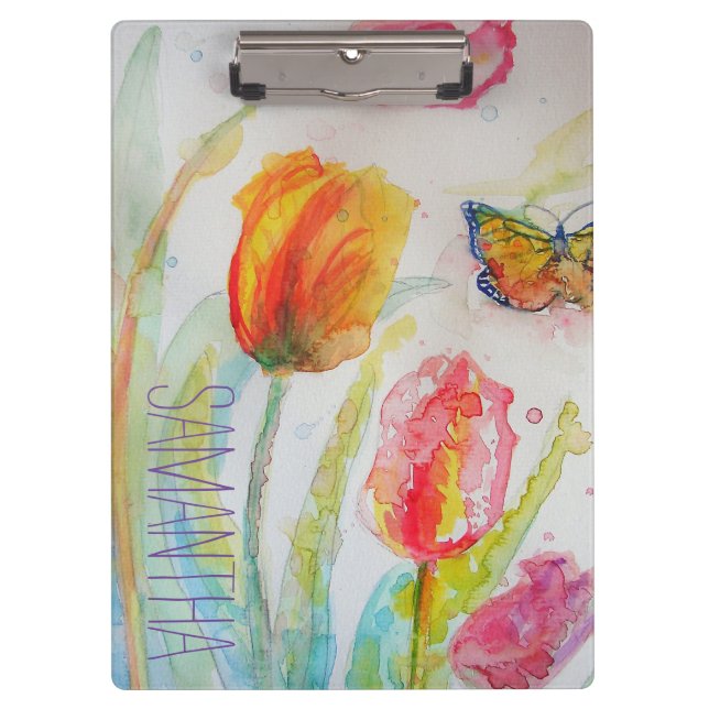 Pink Tulip Tulips Floral Watercolor Womans Name Clipboard (Front)