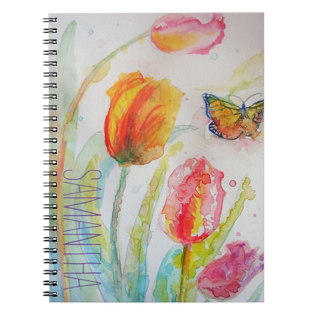 Pink Tulip Tulips Floral Watercolor Womans Name Notebook (Front)