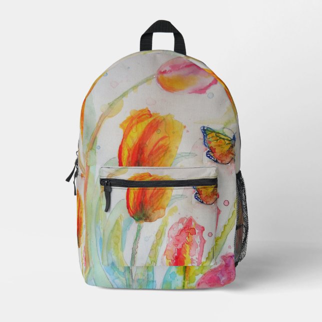Pink Tulip Tulips Watercolor Girls Backpack (Front)