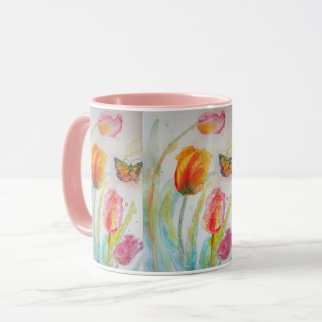 Pink Tulip Tulips Watercolor Mug (Front Left)
