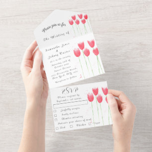 Pink Tulip Watercolor Spring Wedding Elegant All I In One Invitation