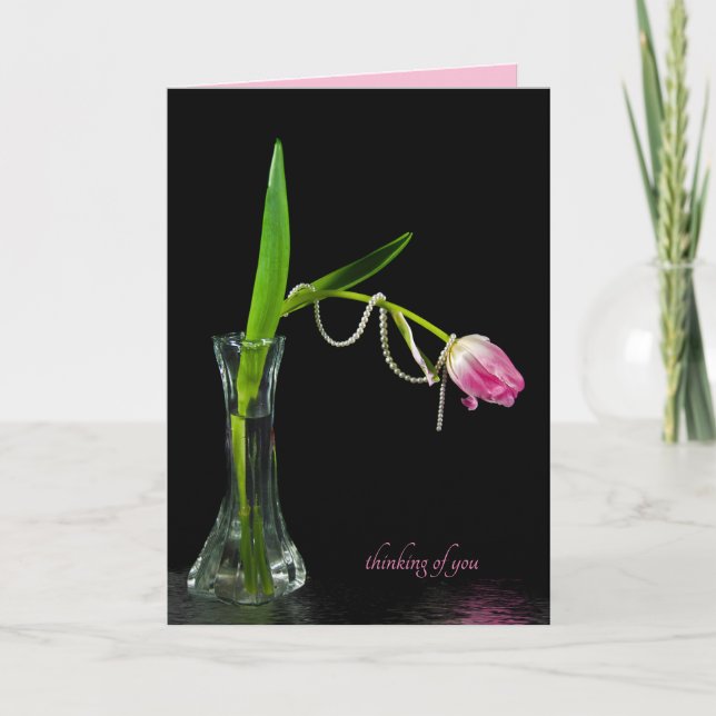 pink tulip with pearls in vase thinking of you card (Front)