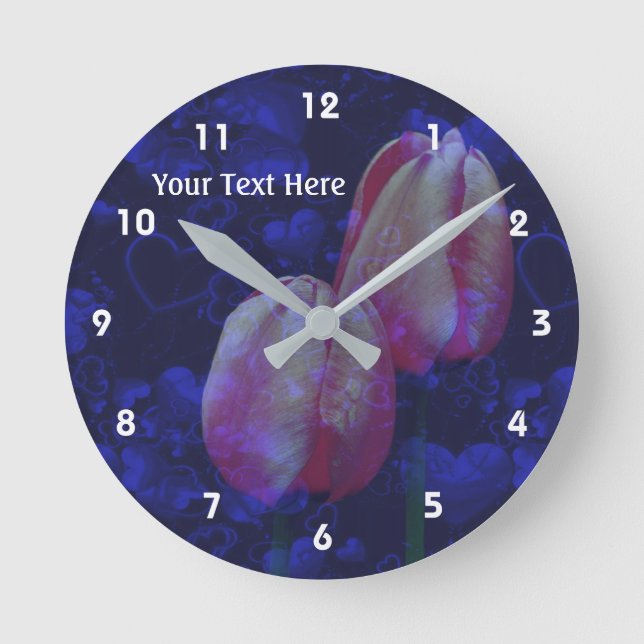 Pink Tulips And Blue Hearts Personalized Round Clock (Front)