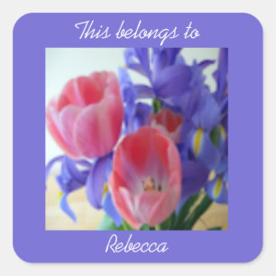 Pink Tulips And Purple Iris Custom Square Sticker