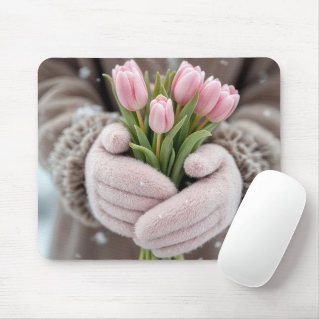 Pink Tulips and Snowflakes Mouse Pad (With Mouse)