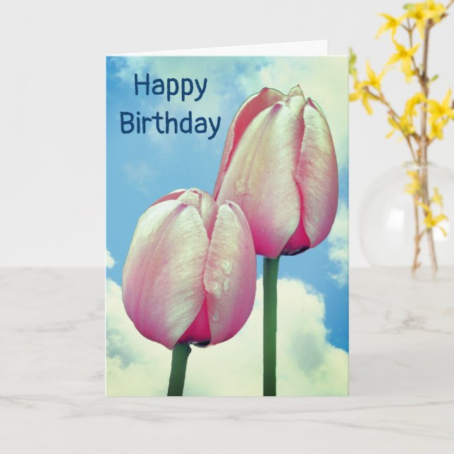 Pink Tulips Blue Sky Birthday  Card (Yellow Flower)