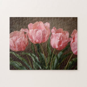 Pink Tulips Botanical Oil Painting Jigsaw Puzzle