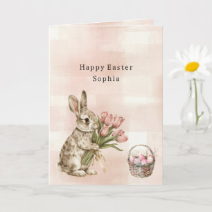 Pink Tulips Bunny Rabbit Easter Eggs Basket Card