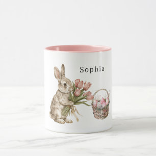 Pink Tulips Bunny Rabbit Easter Eggs Basket Mug