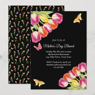 Pink Tulips & Butterfly Mother’s Day Brunch Black Invitation