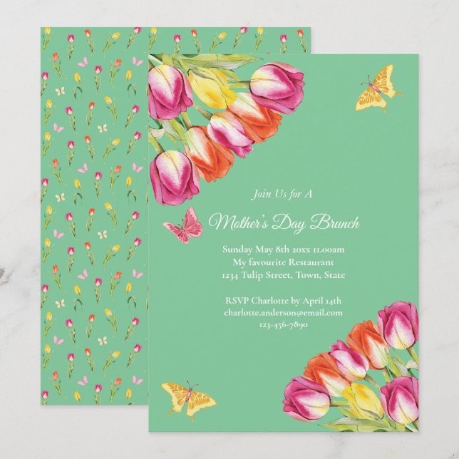 Pink Tulips & Butterfly Mother’s Day Brunch Green  Invitation (Front/Back)