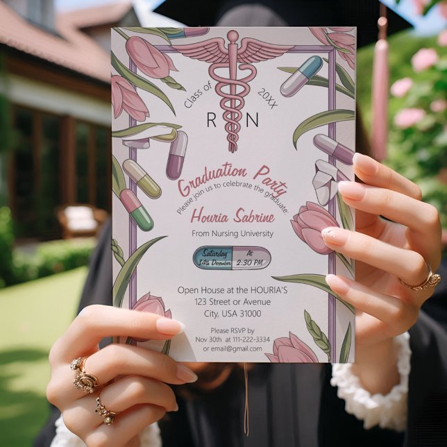 Pink Tulips & Capsules Nurse Graduation invitation (Creator Uploaded)