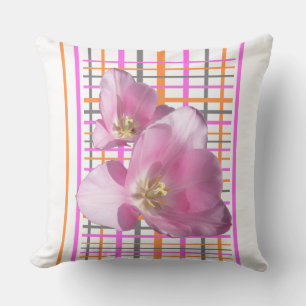 Pink Tulips Chequered Pattern Throw Pillow