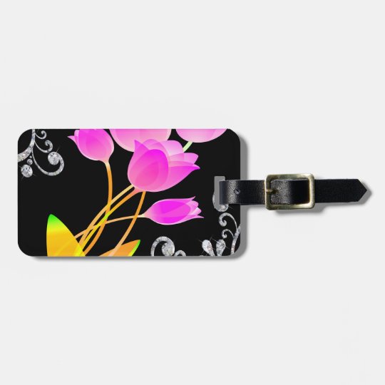 Pink Tulips Diamond Like Scroll Sparkle Luggage Tag
