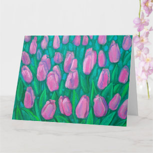 Pink Tulips Field, Spring Flowers Floral Painting Card