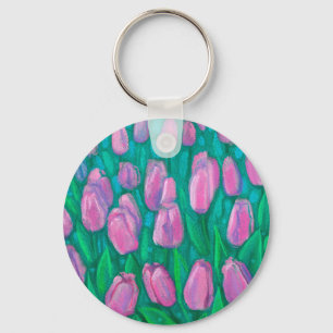 Pink Tulips Field, Spring Flowers Floral Painting  Keychain