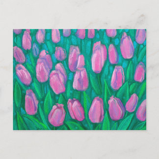 Pink Tulips Field, Spring Flowers Floral Painting Postcard