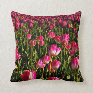 Pink tulips, floral, garden, flowers, pink & green throw pillow