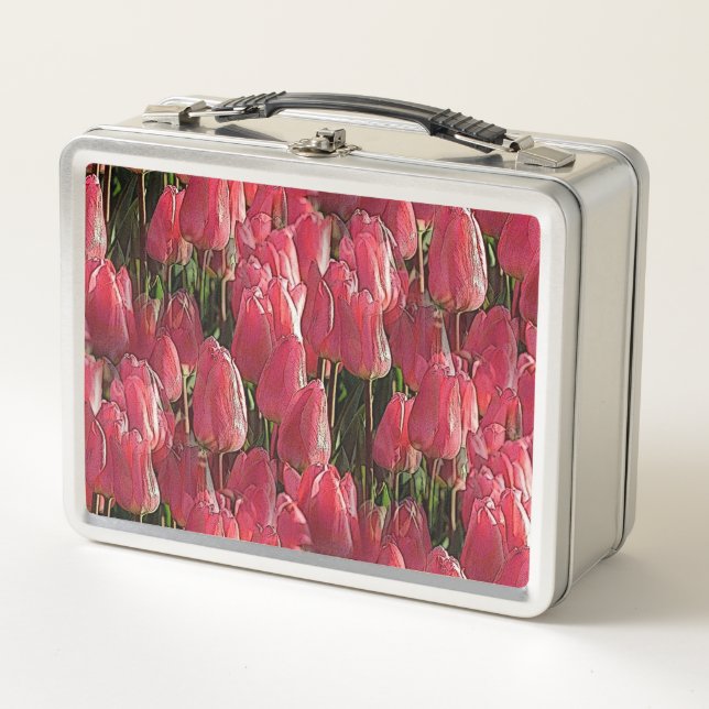 Pink Tulips Floral Metal Lunch Box (Front)