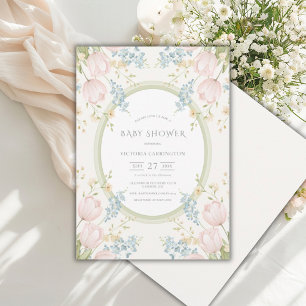 Pink Tulips Floral Sage Green Vintage Baby Shower Invitation
