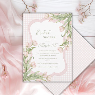 Pink Tulips Floral Vintage Gingham Bridal Shower  Invitation
