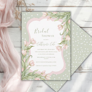 Pink Tulips Floral Vintage Sage Bridal Shower  Invitation