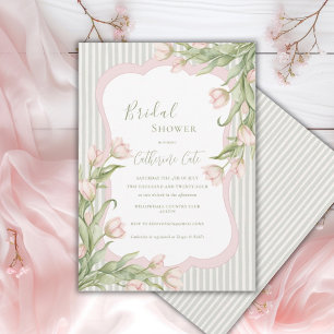 Pink Tulips Floral Vintage Sage Bridal Shower  Invitation