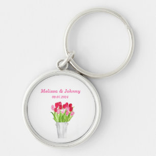 Pink Tulips floral watercolor elegant Wedding Keyc Keychain