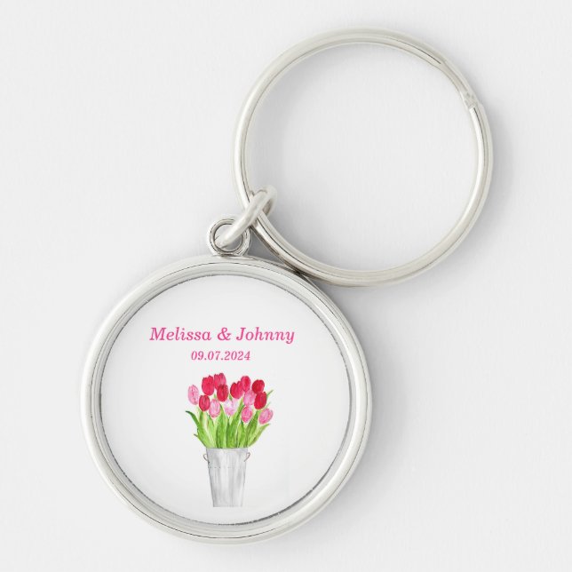 Pink Tulips floral watercolor elegant Wedding Keyc Keychain (Front)