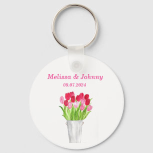 Pink Tulips floral watercolor elegant Wedding  Keychain