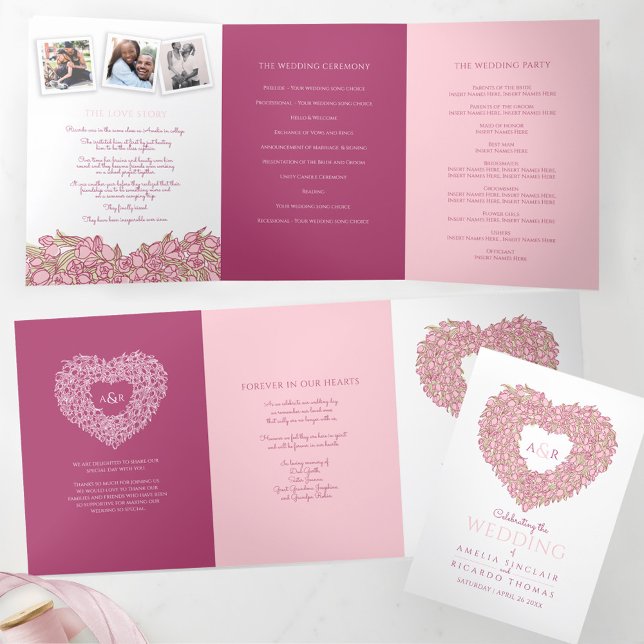 Pink tulips heart floral story dedication wedding Tri-Fold programme (Creator Uploaded)