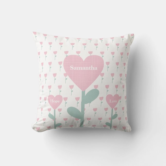 Pink Tulips Hearts Name Love Hope Cute Girly Throw Pillow (Front)