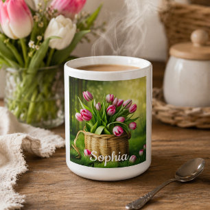 Pink Tulips in Basket Coffee Mug