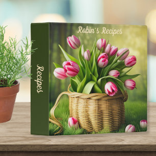Pink Tulips in Basket Monogram Recipe 3 Ring Bind Binder