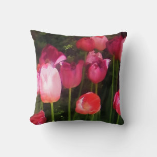 Pink Tulips in Garden Throw Pillow
