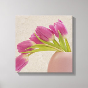 Pink Tulips In Rounded Pink Vase With lace Canvas Print