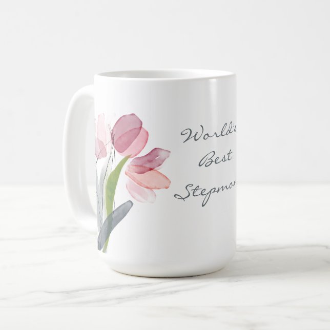 Pink Tulips Leaves White World's Best Stepmom Coffee Mug (Front Left)